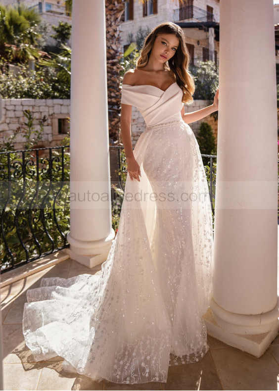 Ivory Lace Criss-cross Satin Beaded Wedding Dress
